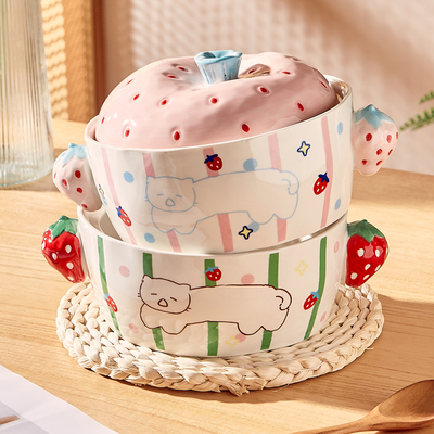 高颜值釉下彩陶瓷泡面碗带盖家用