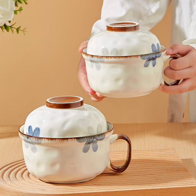 陶瓷多功能泡面碗带盖带手柄个人专用方便面碗学生宿舍食堂打饭碗