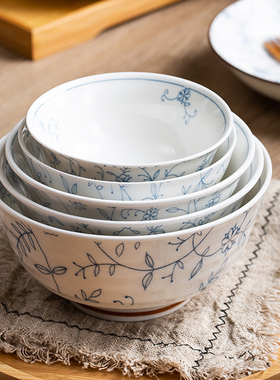 景德镇家用饭碗6寸面碗大汤碗日式线唐草釉下彩餐具陶瓷碗盘套装