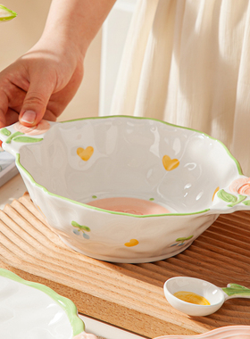 郁见花开釉下彩陶瓷双耳汤碗面碗家用高颜值8英寸大号汤盆沙拉碗