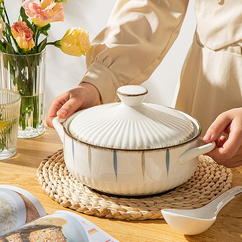 日式陶瓷双耳汤碗带盖大号家用