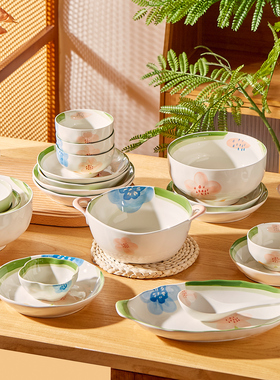 莫奈花园餐具日式碗碟套装家用釉下彩陶瓷饭碗汤碗面碗菜盘子碗盘