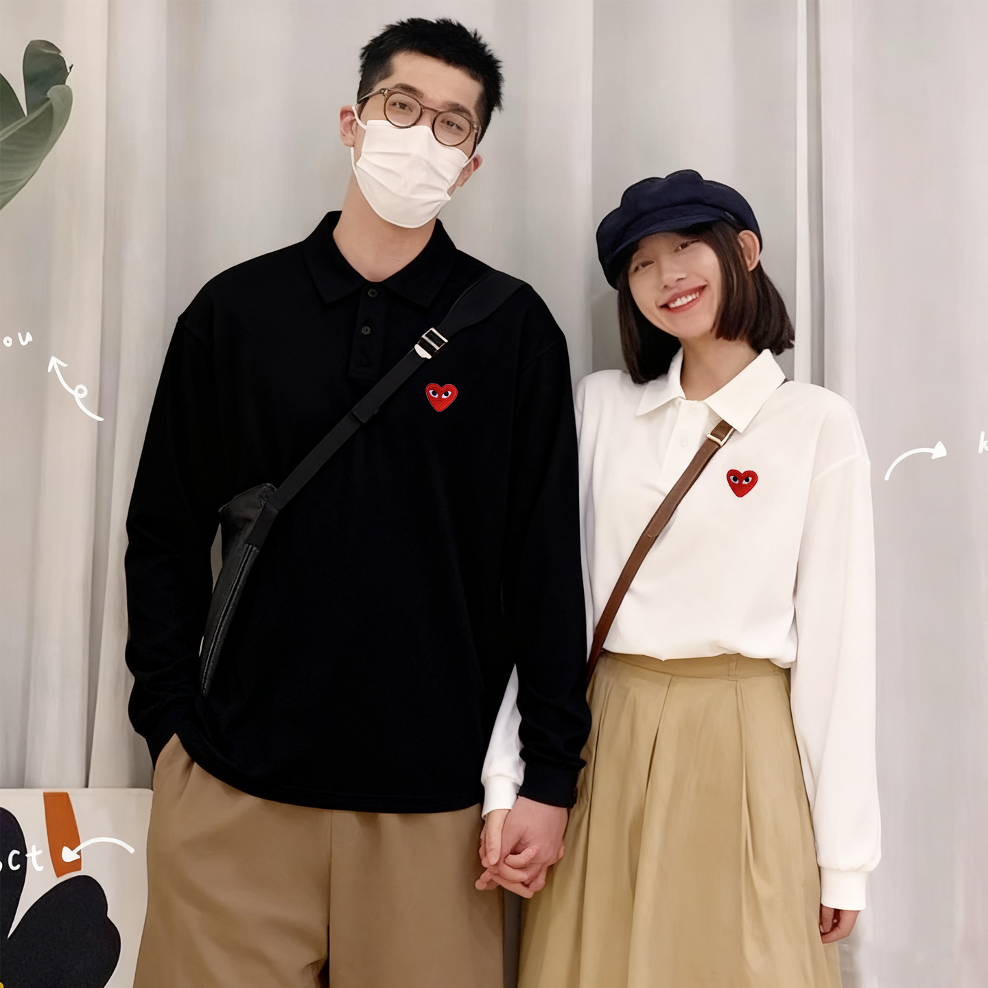 刺绣爱心纯棉长袖翻领情侣POLO衫