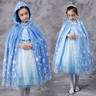 女童爱莎公主春秋披风冰雪奇缘宝宝生日表演装 扮COSPLAY拖地斗篷1