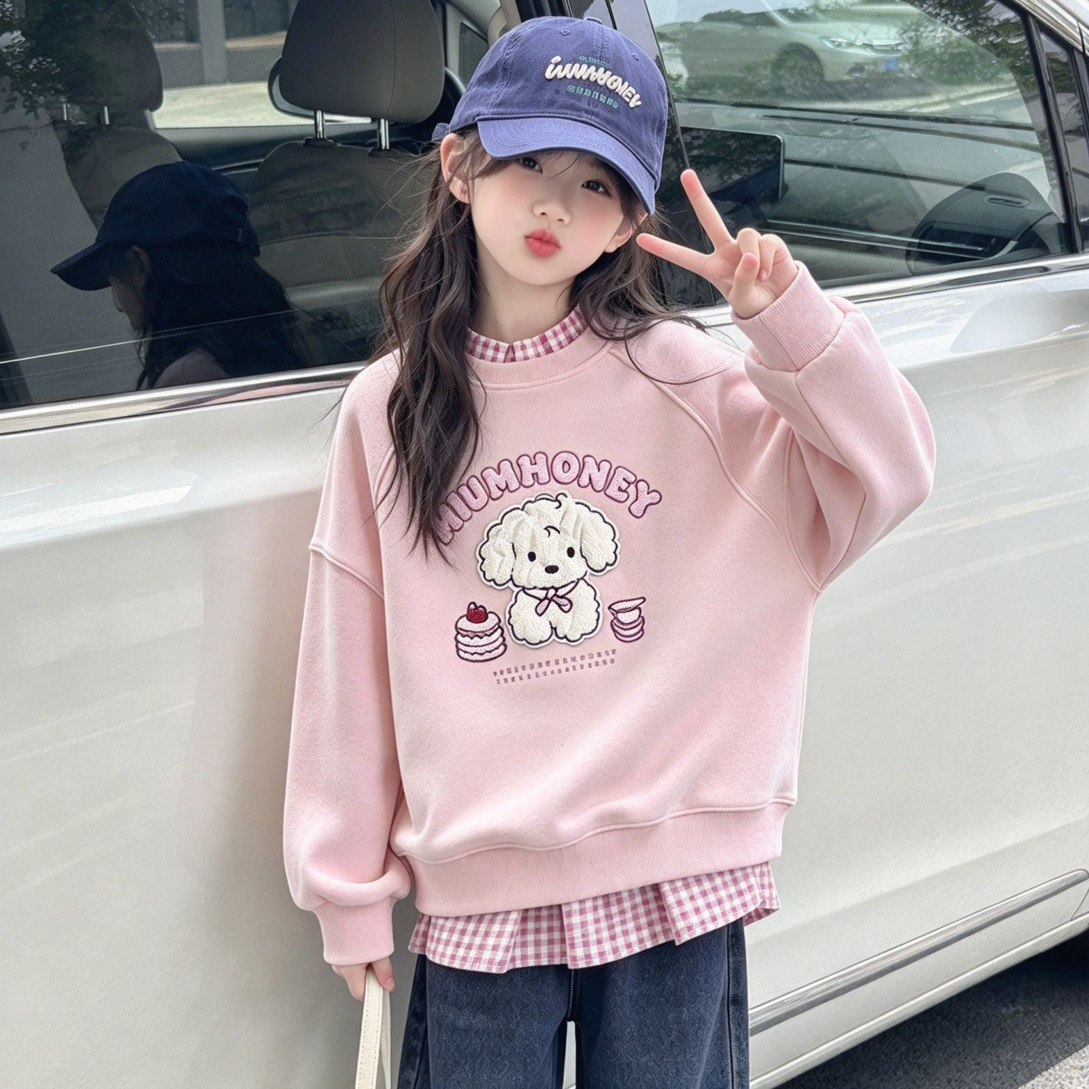女童假两件圆领套头卫衣卡通小狗