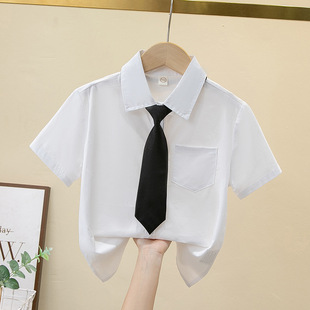 女童纯棉翻领白衬衫夏短袖学生JK制服衬衣中大童校服幼儿园服上衣