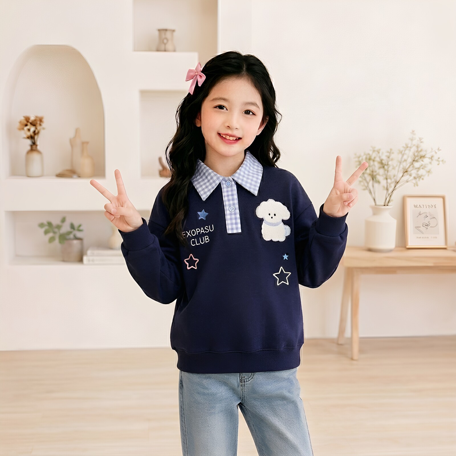 女童学院风翻领卫衣假两件上衣