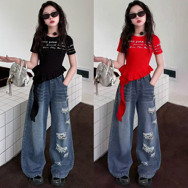 女童套装洋气不规则短袖破洞牛仔