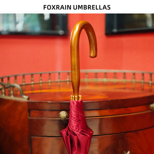 Foxrain复古Solid一体式枫木弯柄长柄伞墨绿酒红高级感雨伞定制