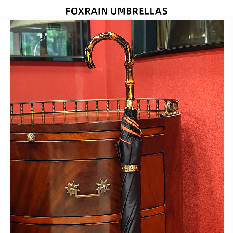 FOXRAIN英式贵族黑橙双色布竹弯柄长柄伞高级感男轻奢风绅士雨伞