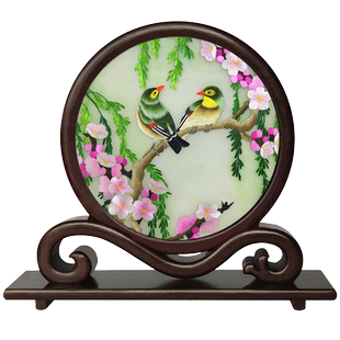 苏州手工刺绣摆件苏绣双面绣屏风成品熊猫画工艺品便携式如意台屏