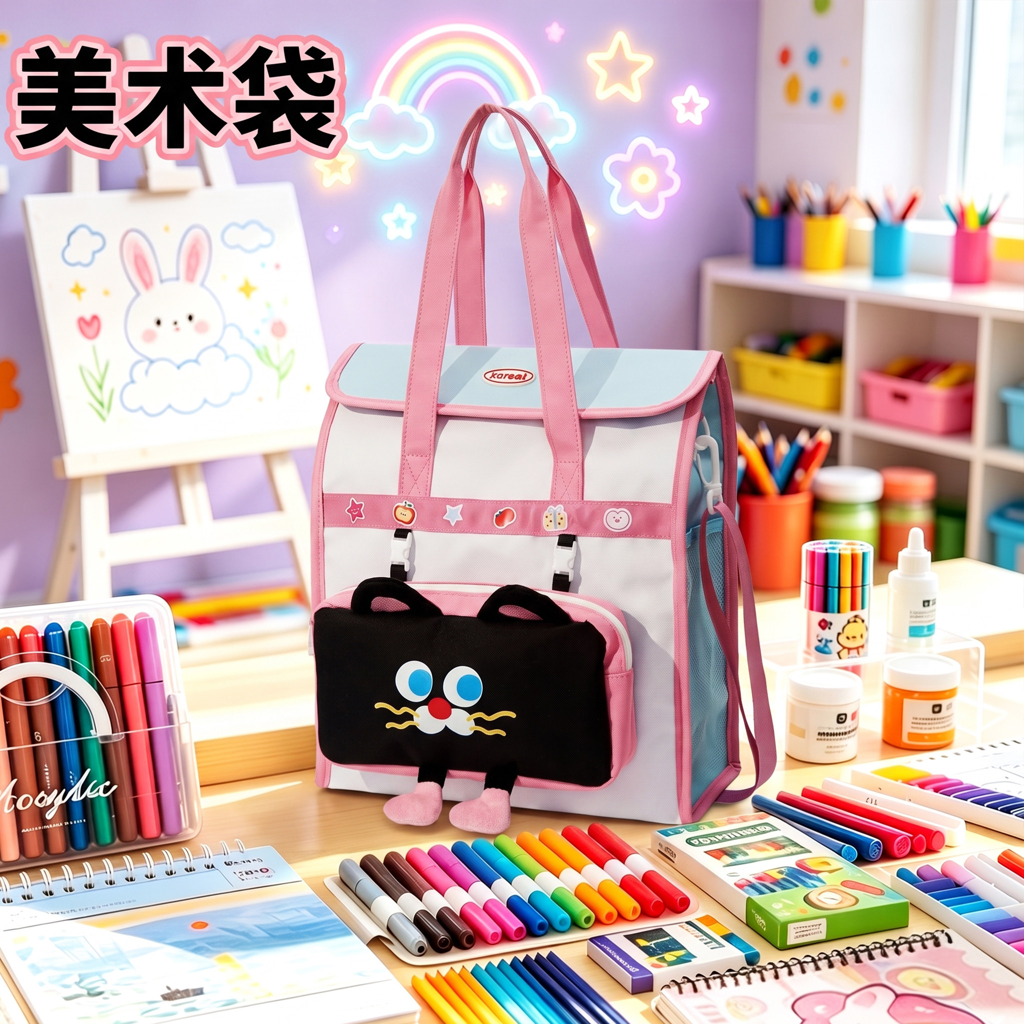 小槑同学 黑猫美术袋小学生手提袋拎书袋大容量牛津布补习袋作业书包女孩补课包学习班一年级儿童工具收纳袋