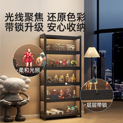 优选玻璃收纳展示柜带灯带u锁家用亚克力透明礼品盲盒模型摆件架.