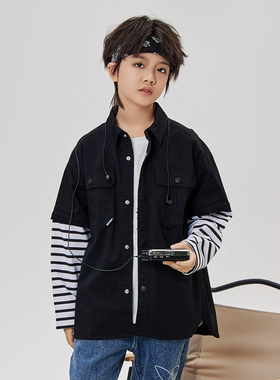 【大美唤粉丝专享】男生女生男童假两件条纹时尚拼接休闲梭织外套