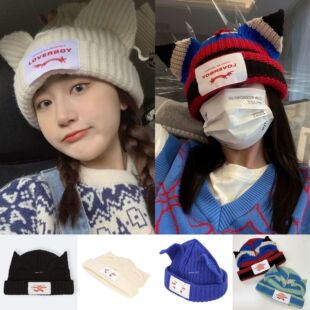 loverboy羊毛针织帽子女秋冬百搭小众情侣可爱猫猪耳朵毛线帽潮