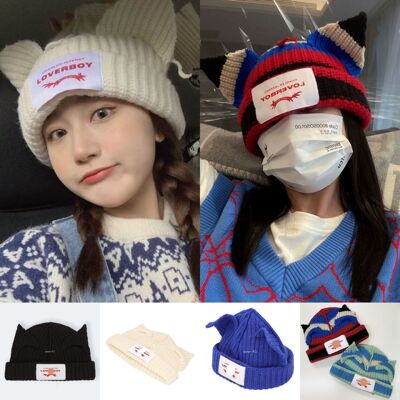 loverboy羊毛针织帽子女秋冬百搭小众情侣可爱猫猪耳朵毛线帽潮