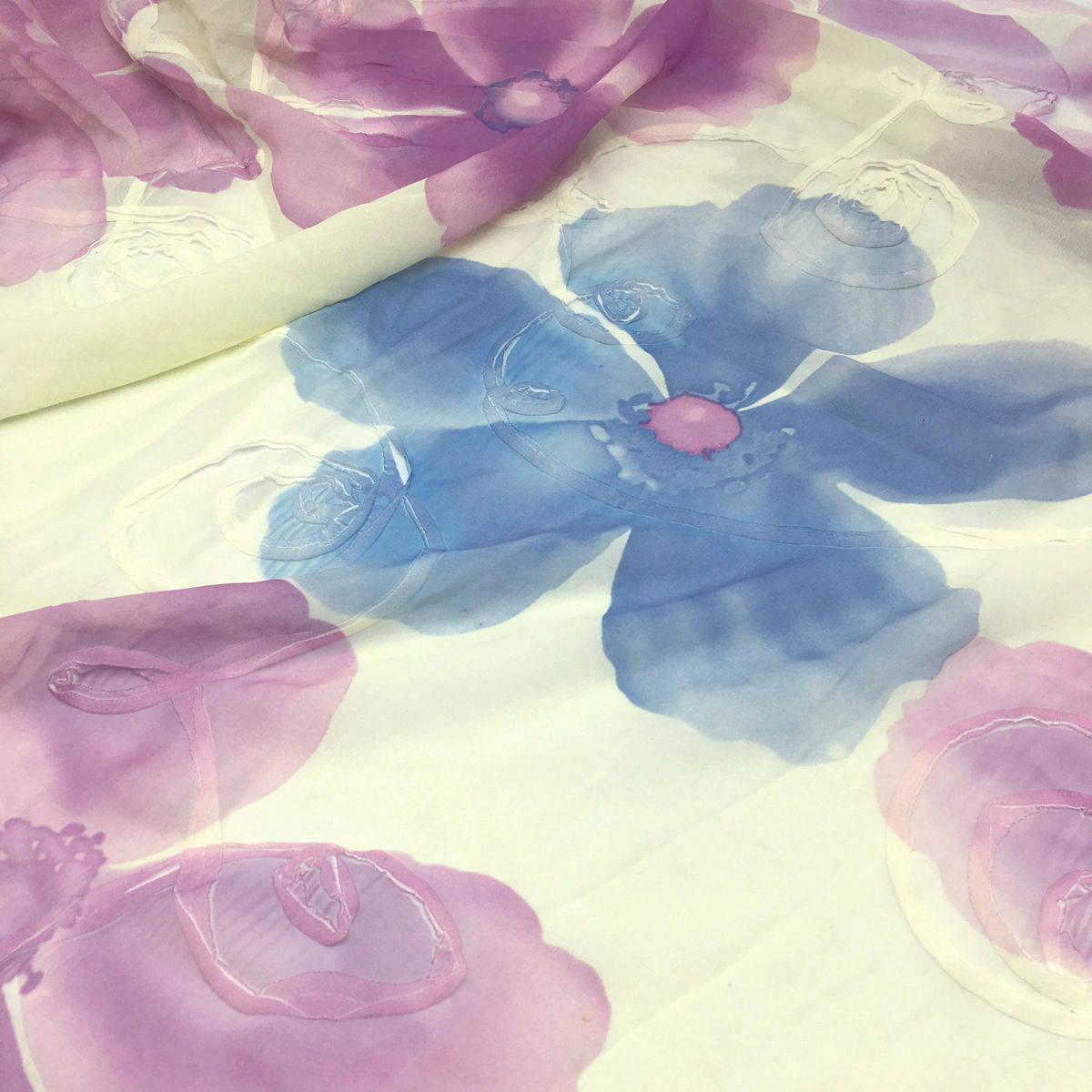 一米价 米色底紫色五瓣花图案盘花雪纺面料 夏季 连衣裙 汉服布料