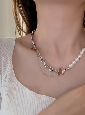 蝴蝶结项链珍珠链子甜酷小众设计感钛钢嘻哈辣妹锁骨链潮