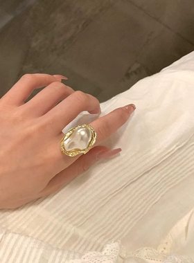 法式复古异形珍珠戒指女夸张食指指环个性时尚设计新款潮开口尾戒