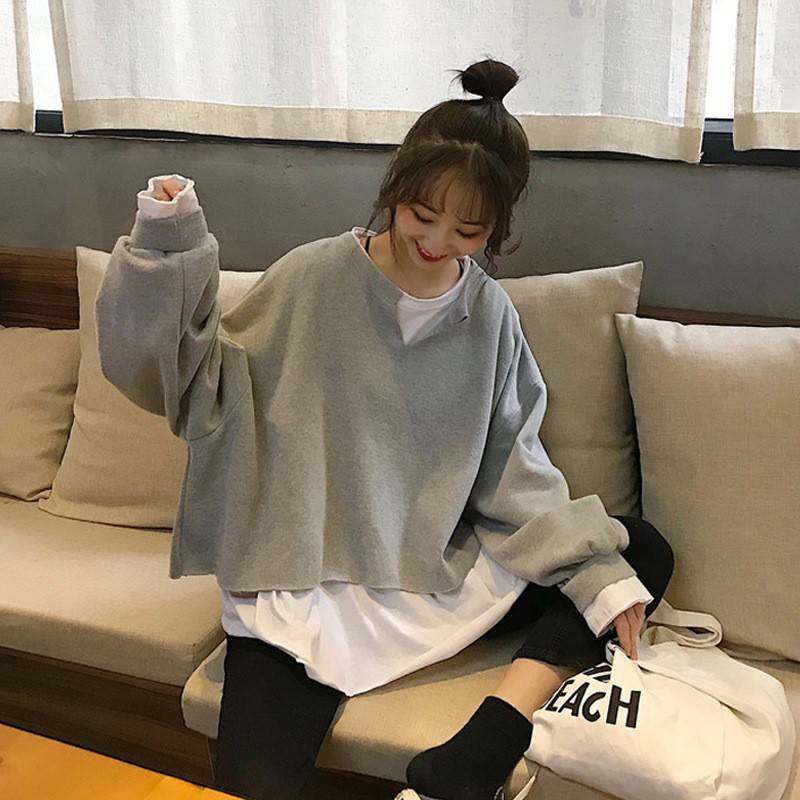 新宽秋装韩版松百搭感薄款T假两件长袖恤卫衣女款上衣潮