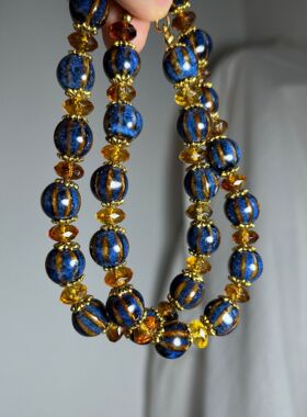 复古蓝金色陶瓷南瓜珠搭配切面树脂隔片项链高级配饰青岛