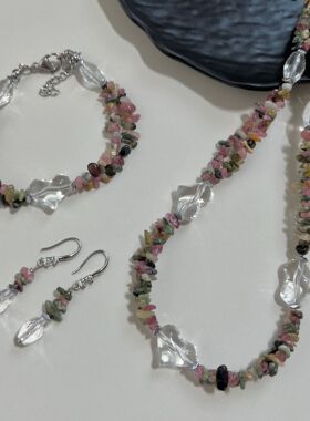 复古双层项链手链碧玺色碎石配白水晶耳钩秋冬百搭高级感配饰