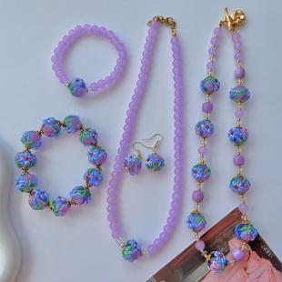 复古意大利透紫色穆拉诺琉璃项链手链耳钩中古饰品外贸高级配饰