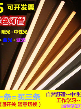 LED一体化灯管T5三色暖光白光中性光蓝光紫色光双色长条变色电管