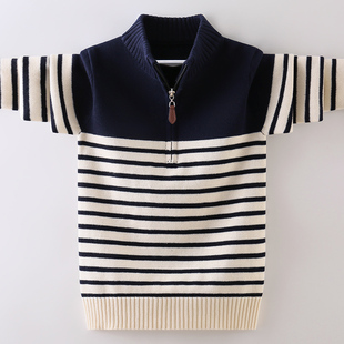 男童毛衣拉链半高立领儿童秋冬新款加绒加厚中大童男孩条纹针织衫