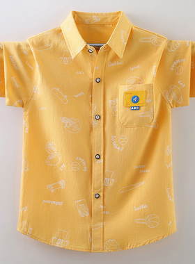 2024新款男童衬衫长袖黄色春季儿童衬衣中大童宝宝春装上衣韩版潮