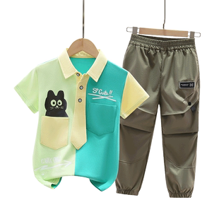 新款男童短袖套装拼色夏季儿童纯棉polo衫T恤长裤中大童夏装帅气