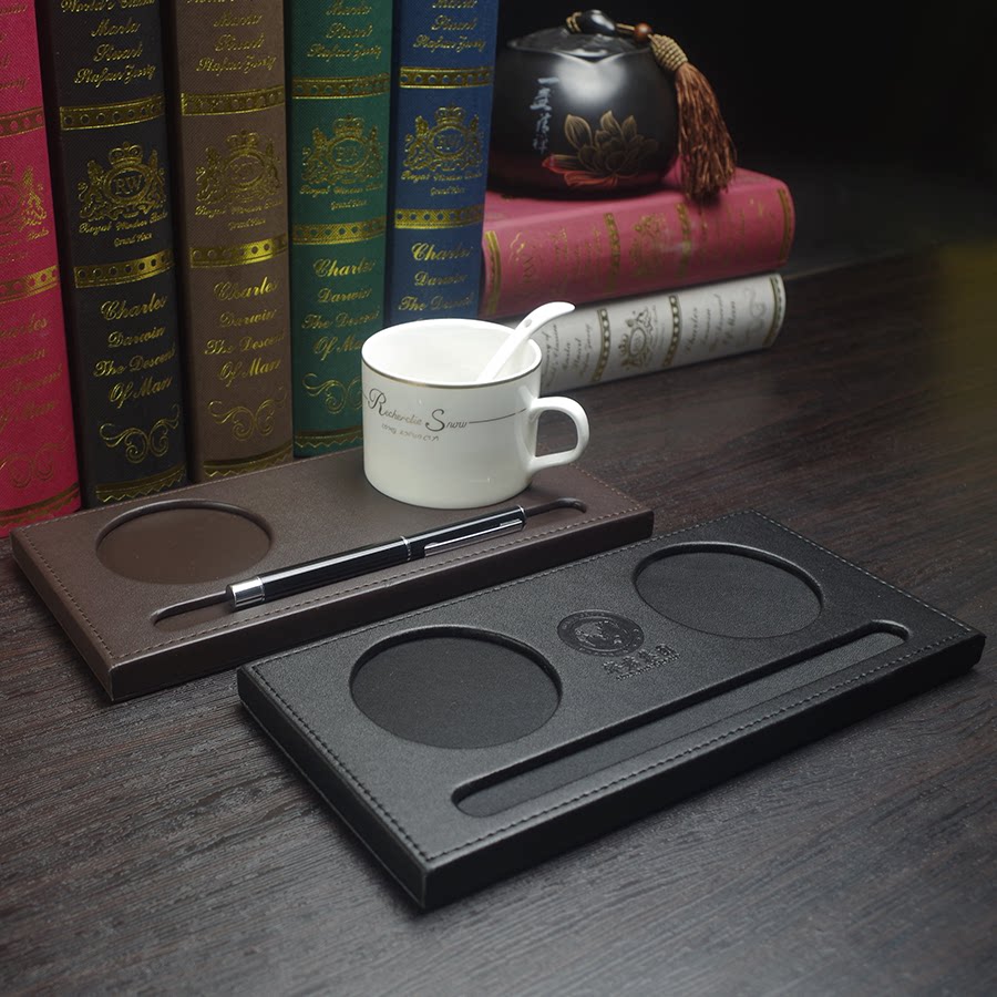 创意皮质三孔杯托带笔槽会议室水杯垫酒店茶杯托LOGO定制会议杯垫