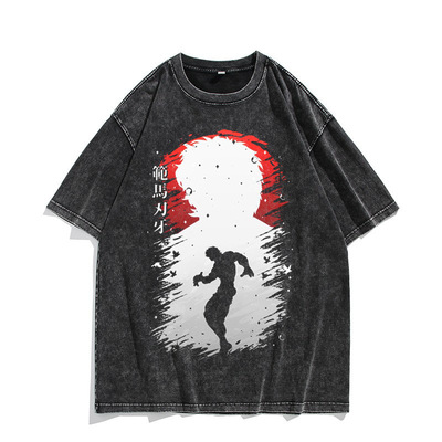 欧美水洗做旧复古短袖T恤动漫范马刃牙Baki Hanma美式高街上衣潮