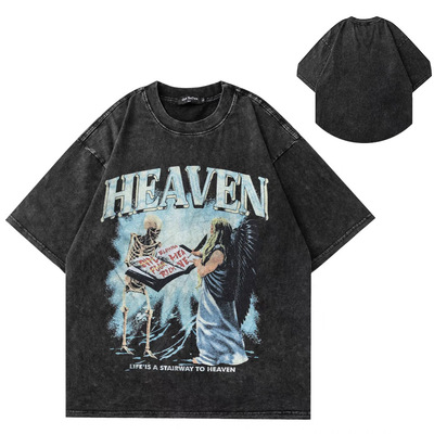 美式水洗男士短袖t恤夏季纯棉宽松高街美式ins新款小众设计感上衣