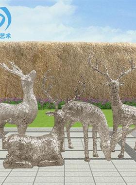 不锈钢抽象动物组合古文字鹿雕塑园林景观酒店样板房广场装饰摆件