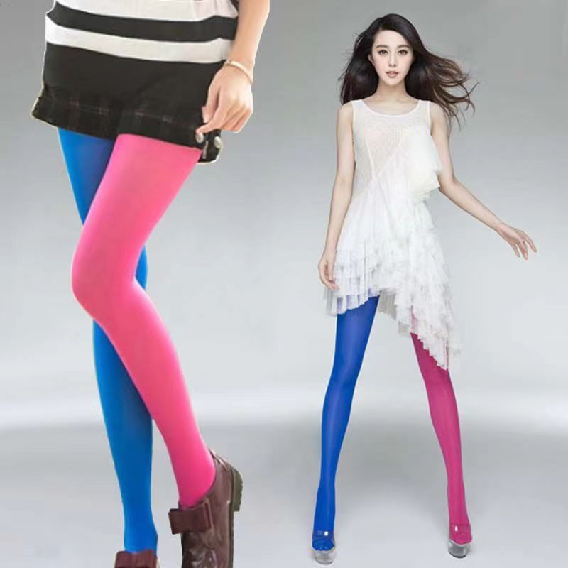 开档糖果色彩色丝袜ab左右不对称黑白阴阳双色拼接连裤袜舞蹈袜女