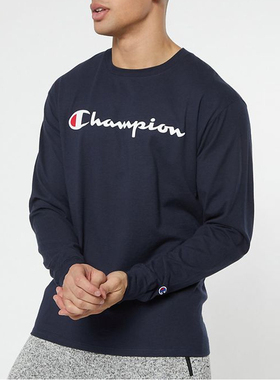 CHAMPION美版冠军男女圆领长袖T恤草写字母Logo植绒印花上衣集C