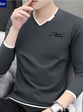 高端纯棉V领缺口男士长袖T恤2025春秋新款时尚潮流休闲百搭打底衫