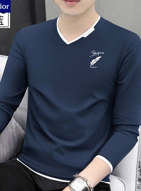 男士纯棉长袖t恤2025春秋新款高品质时尚潮流V领上衣休闲打底衫男