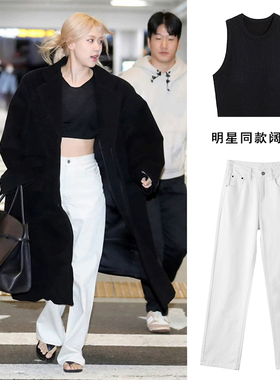 Rose朴彩英同款白色阔腿牛仔裤女2025秋冬加绒高腰垂感直筒拖地裤