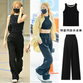 黑色高腰阔腿西装 女垂坠感宽松休闲裤 裤 薄款 子 夏季 Rose朴彩英同款