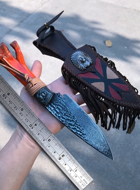 简师傅大马钢直刀印第安手工刀日本VG10花纹钢刀具户外求生战术刀