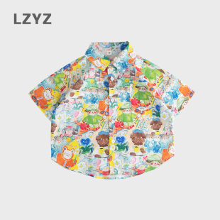 LZYZ童装儿童衬衫男童短袖花衬衣中小童洋气宽松纯棉薄款衬衣夏装