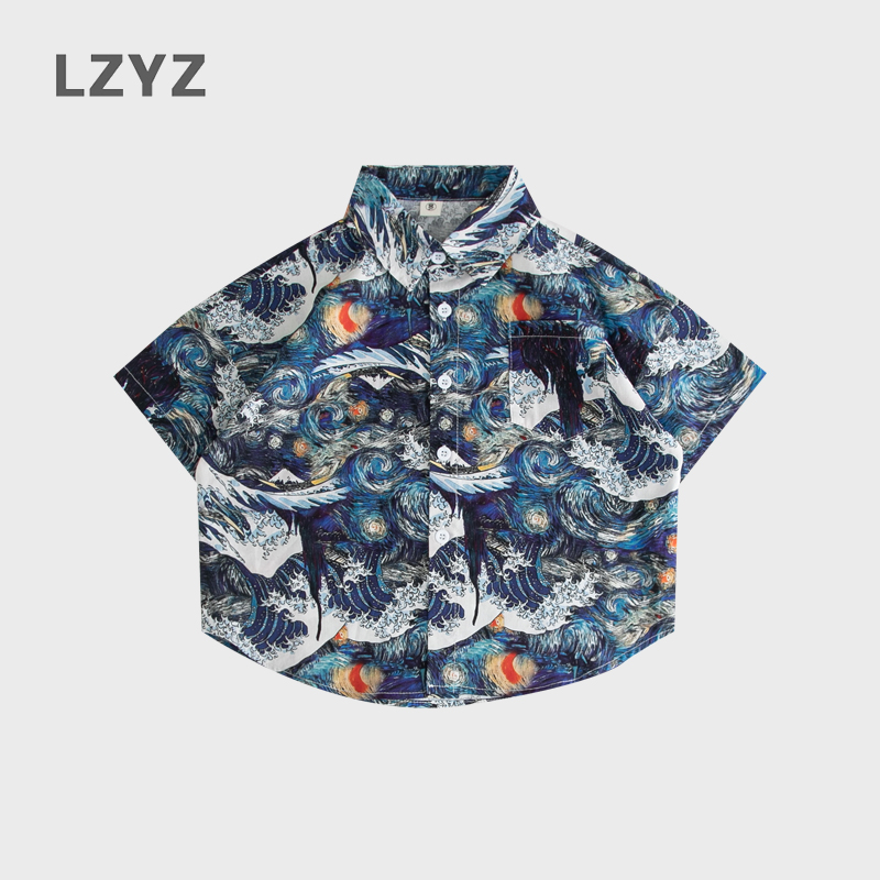 LZYZ童装儿童衬衫男童短袖衬衣中小童洋气宽松纯棉碎花薄款夏装潮