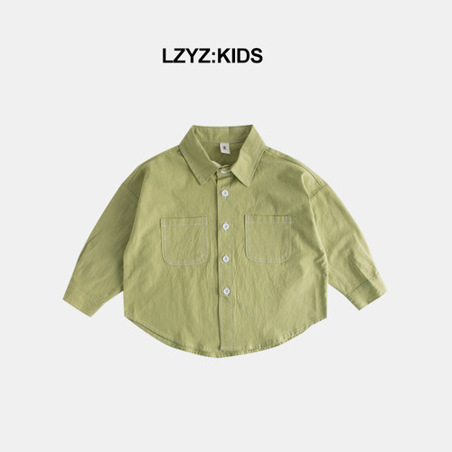 lzyz童装纯棉宽松翻领绿色衬衫