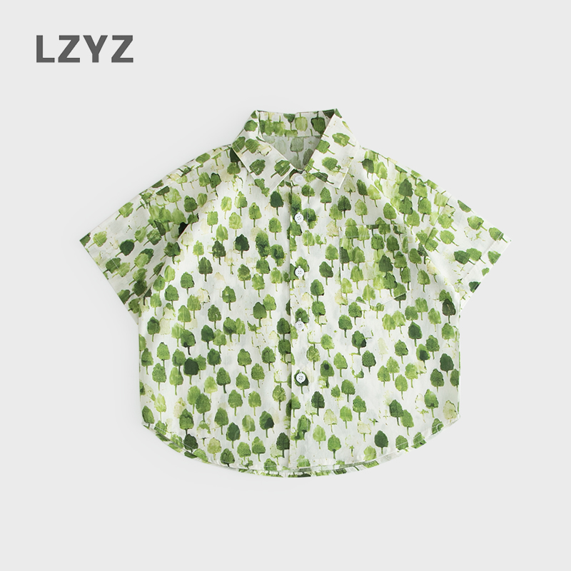 LZYZ童裝兒童花襯衫男童短袖襯衣中小童薄款寬松純棉上衣印花港風(fēng)