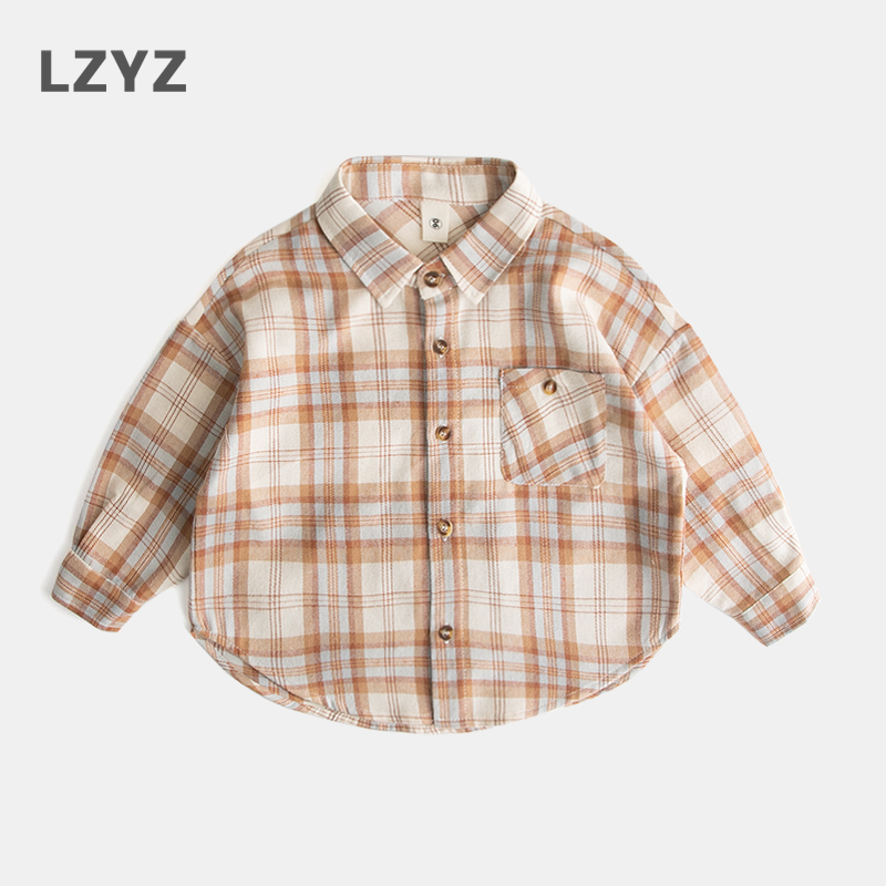男童女童春秋宽松洋气格子衬衫