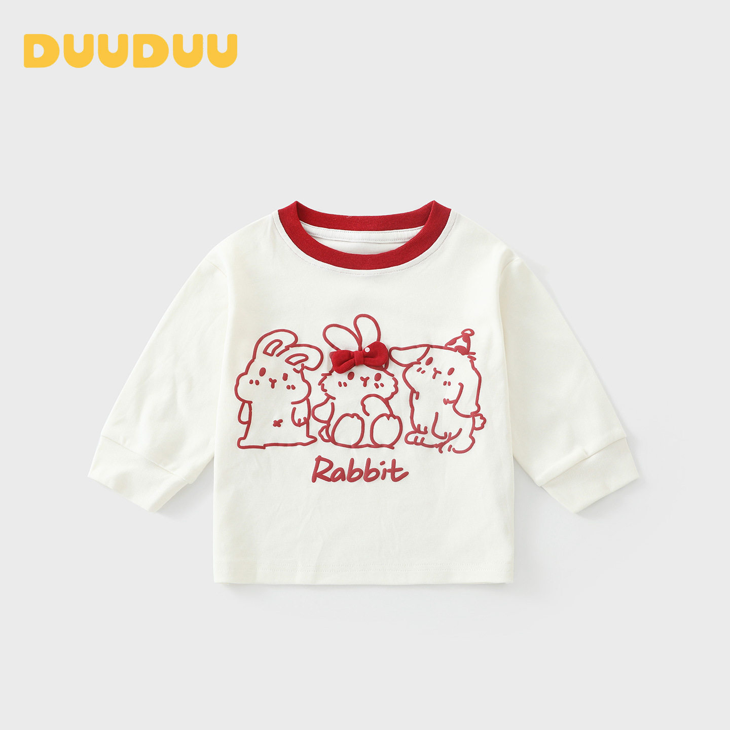 DUUDUU女童上衣2026秋装儿童长袖t桖白色宝宝衣服兔子撞色打底衫