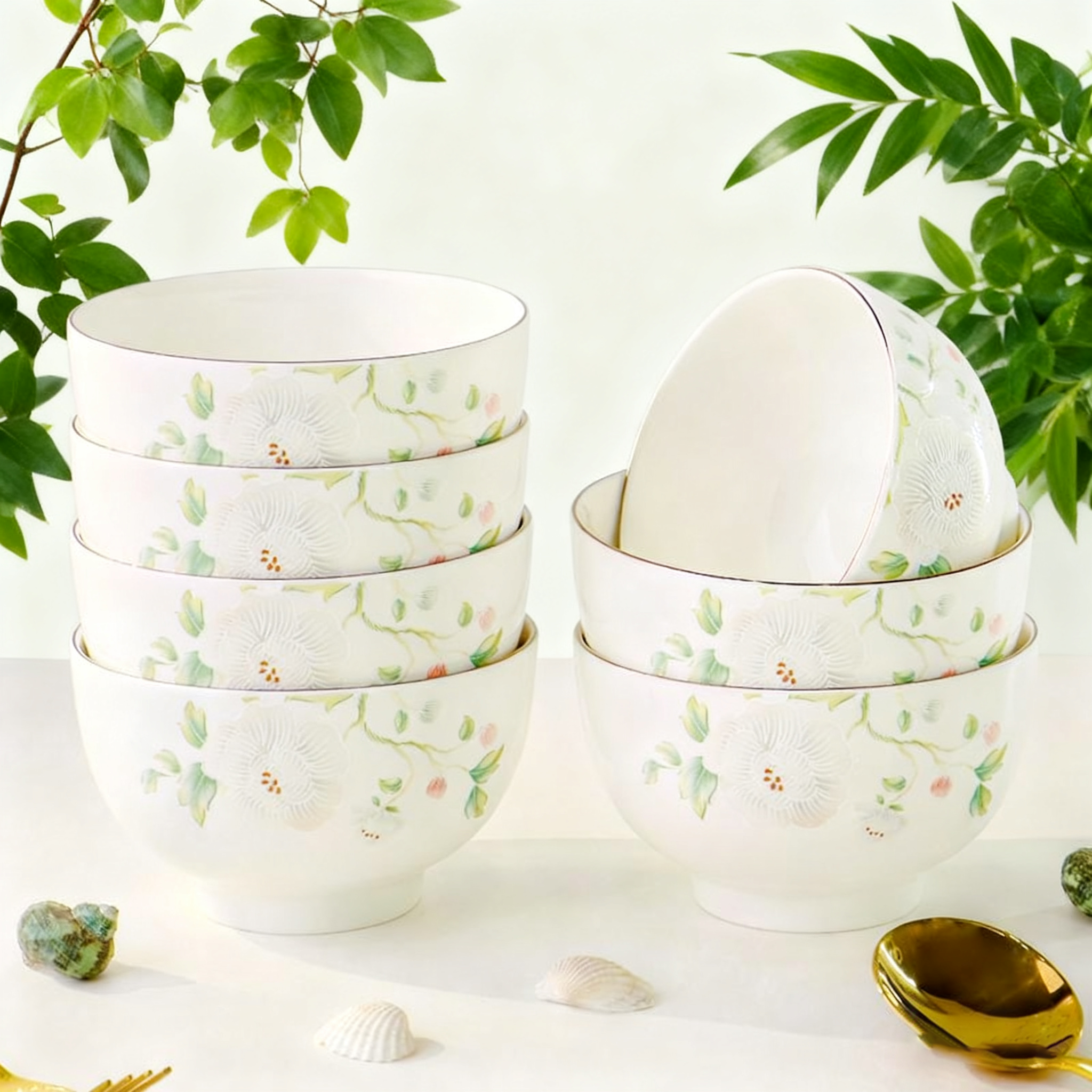 雅诚德陶瓷餐具锦绣牡丹套装家用高脚碗汤盘高温釉花纹饭碗鱼盘