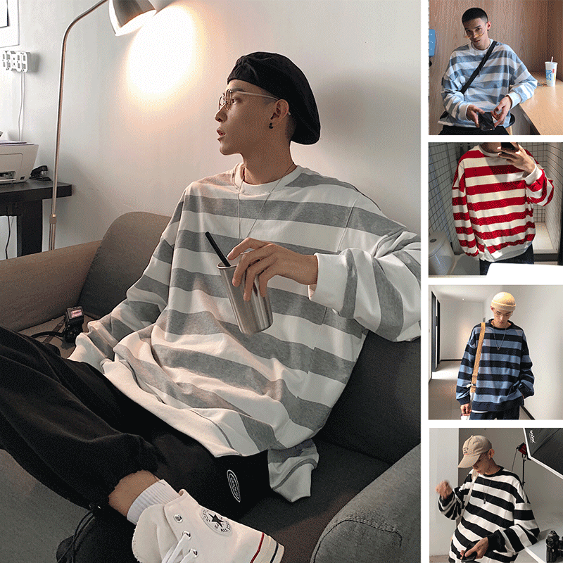 条纹套头卫衣男港风韩版潮流宽松情侣圆领长袖t恤打底衫上衣外套